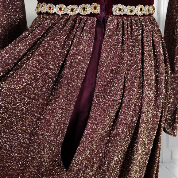 Vintage 70s Lurex Velvet Formal Dress Mock Neck Metallic Boho Holiday 0 - Picture 11 of 16